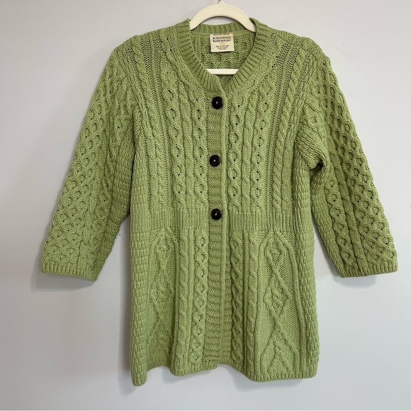 Kilronan Knitwear Sweaters - Kilronan Knitwear Green Women's 100% Wool Cable Knit 3/4 Sleeve Cardigan Medium